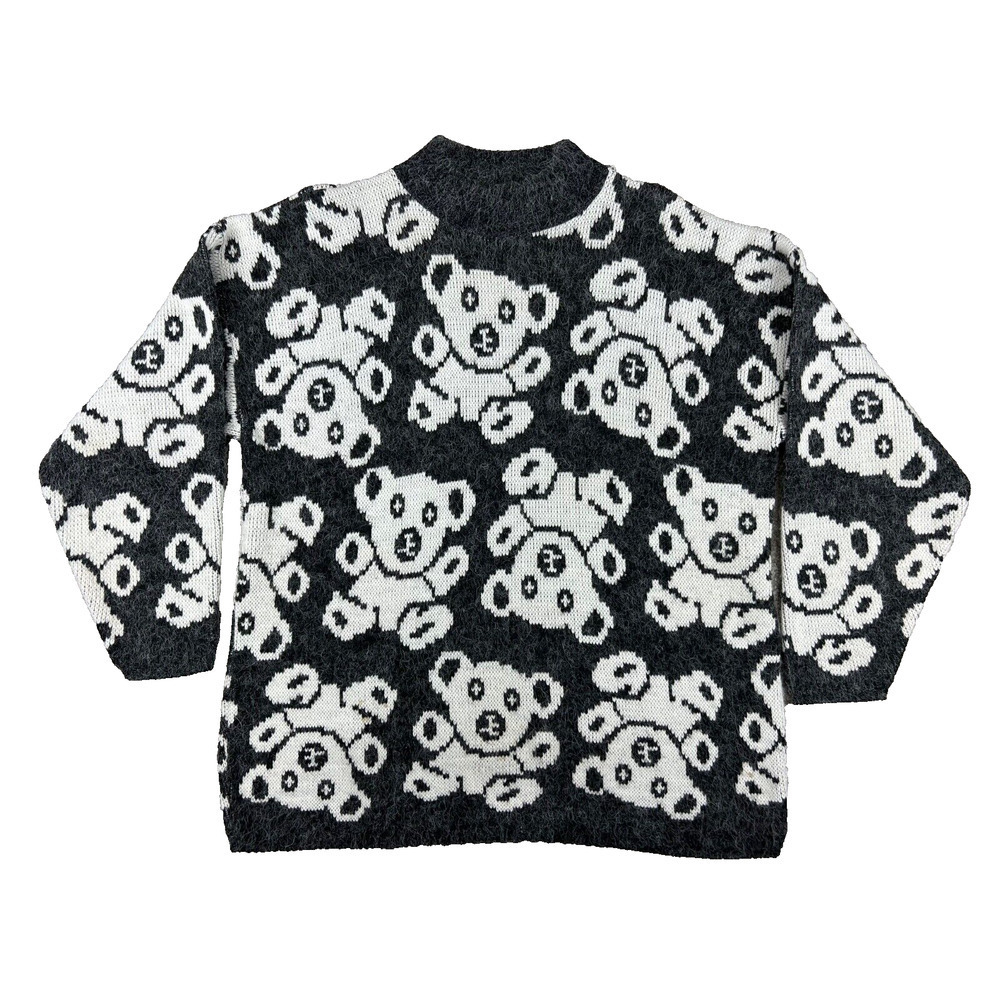 Vintage 80s Sweater All-Over Teddy Bear Grey White Mock Neck Oversize Large USA